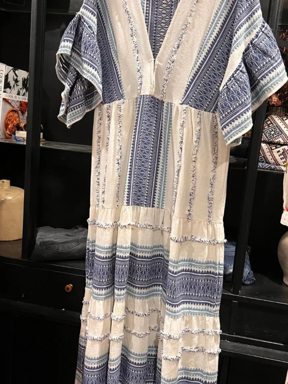 SAYLOR by Anthropologie Blue and Cream Boho Midi Dress